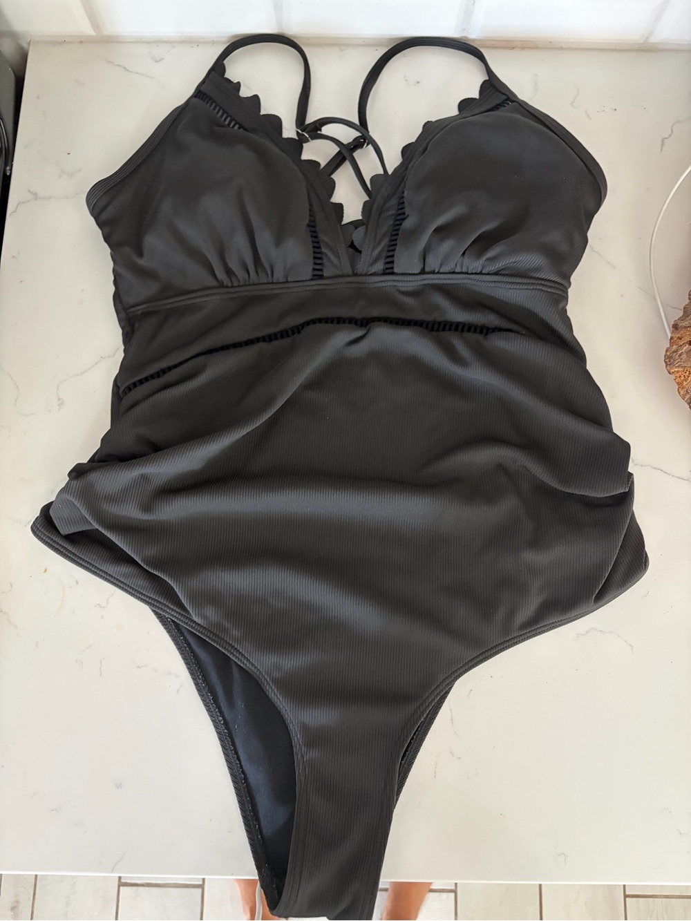 Black Maternity One-Piece Swimsuit with Scallop Detail